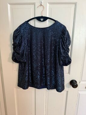 Anthropologie Navy Sequin Puff Sleeve Blouse Size 12 Party Holiday Cocktail Top